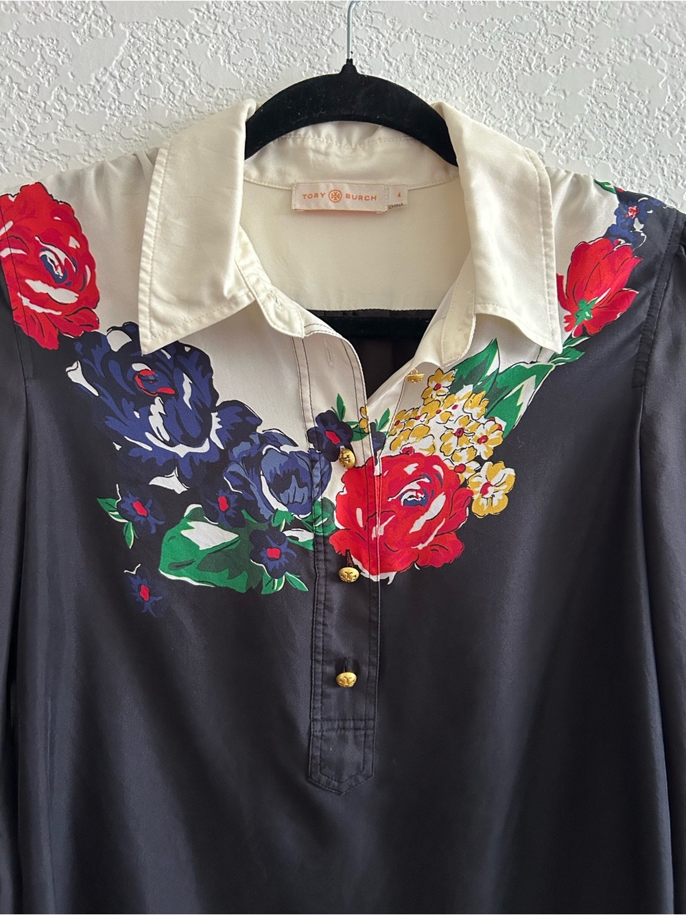 Tory Burch Black Floral Print Collared Half Button Long Sleeve Silk Blouse Top - Picture 2 of 7